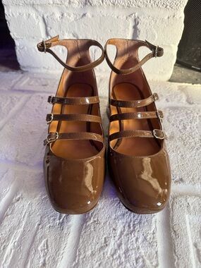 Sezane Brown Patent Triple-Strap Mary Jane Heels